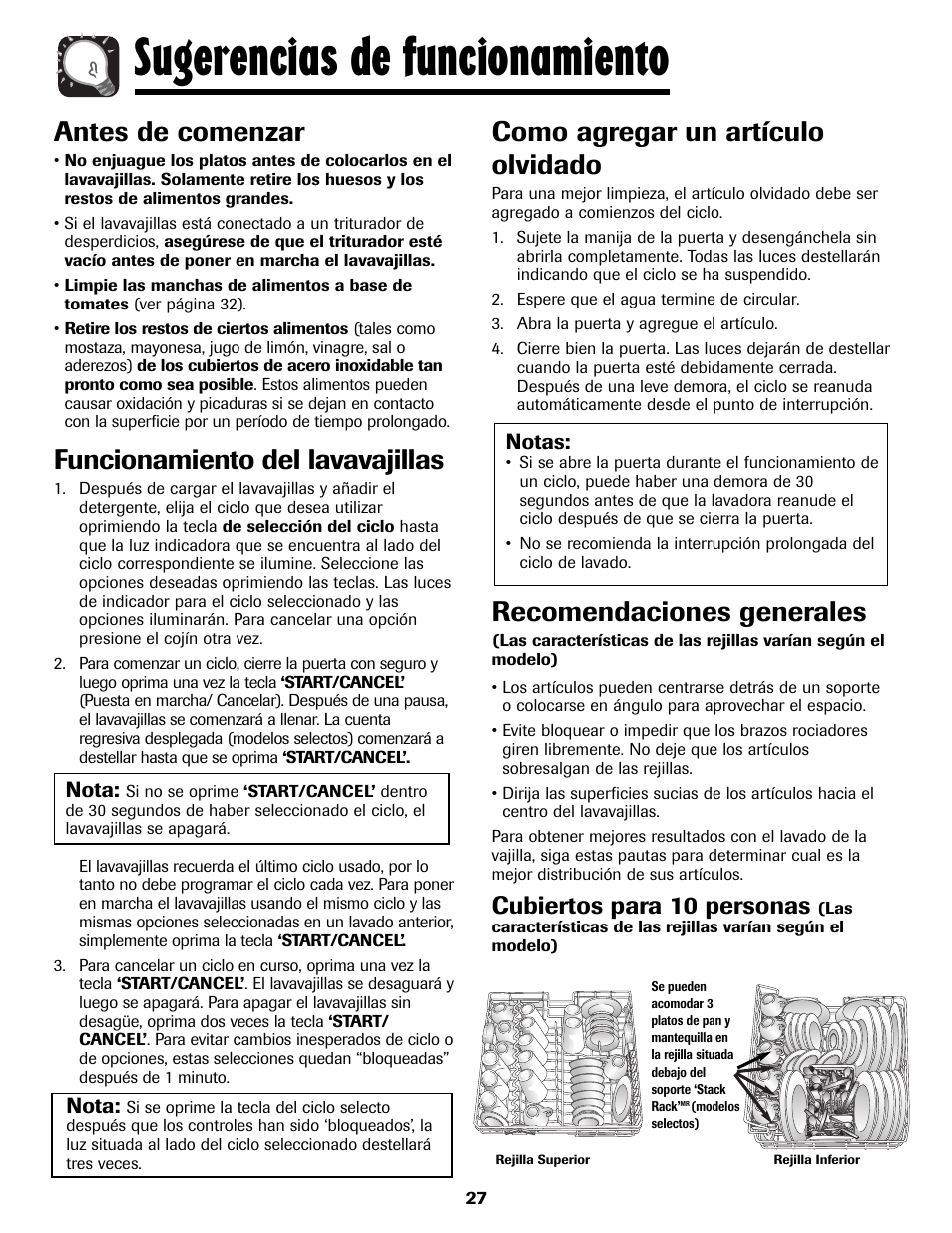 Sugerencias de funcionamiento, Antes de comenzar, Funcionamiento del lavavajillas | Como agregar un artículo olvidado, Recomendaciones generales, Cubiertos para 10 personas | Maytag 6919559A User Manual | Page 28 / 36