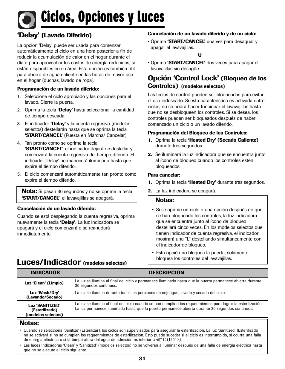 Ciclos, opciones y luces, Luces/indicador, Delay | Opción ‘control lock, Notas | Maytag 6919559A User Manual | Page 32 / 36