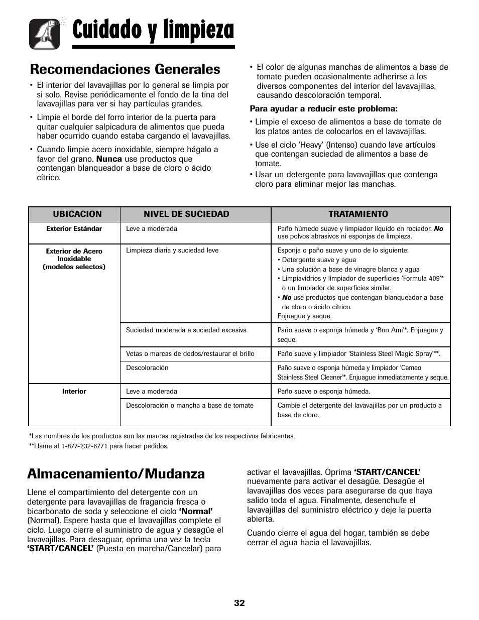 Cuidado y limpieza, Almacenamiento/mudanza, Recomendaciones generales | Maytag 6919559A User Manual | Page 33 / 36