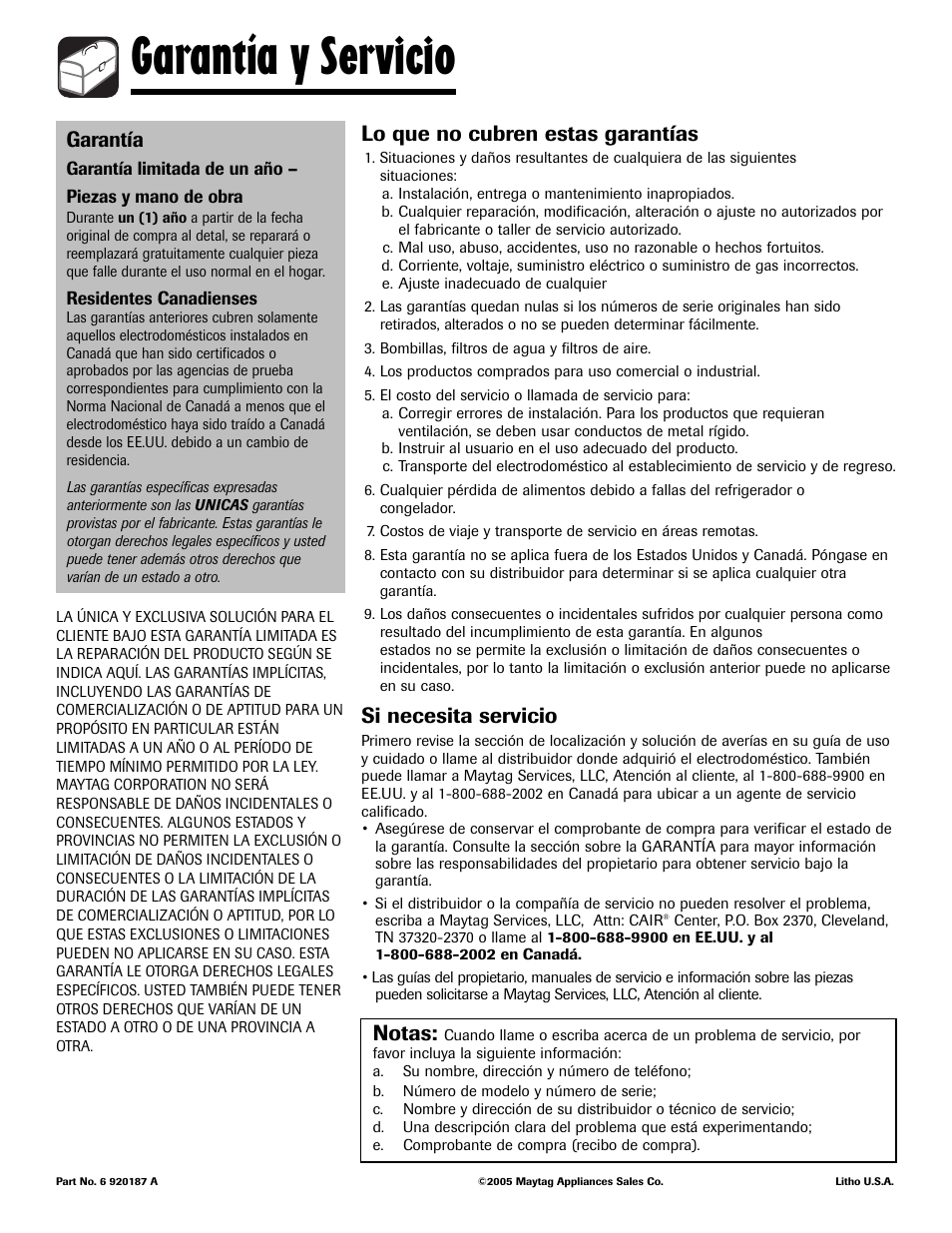 Garantía y servicio, Lo que no cubren estas garantías, Si necesita servicio | Garantía, Notas | Maytag 6919559A User Manual | Page 36 / 36