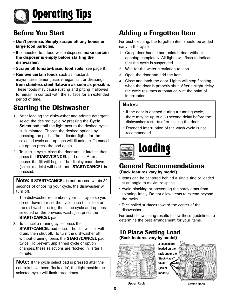 Operating tips, Loading, Before you start | Starting the dishwasher, Adding a forgotten item, General recommendations, 10 place setting load | Maytag 6919559A User Manual | Page 4 / 36