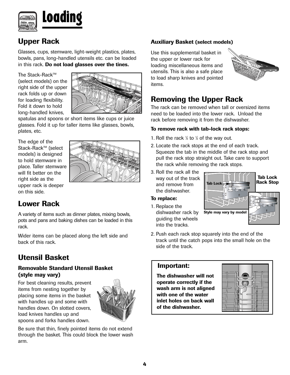 Loading, Upper rack, Lower rack | Utensil basket, Removing the upper rack, Important | Maytag 6919559A User Manual | Page 5 / 36