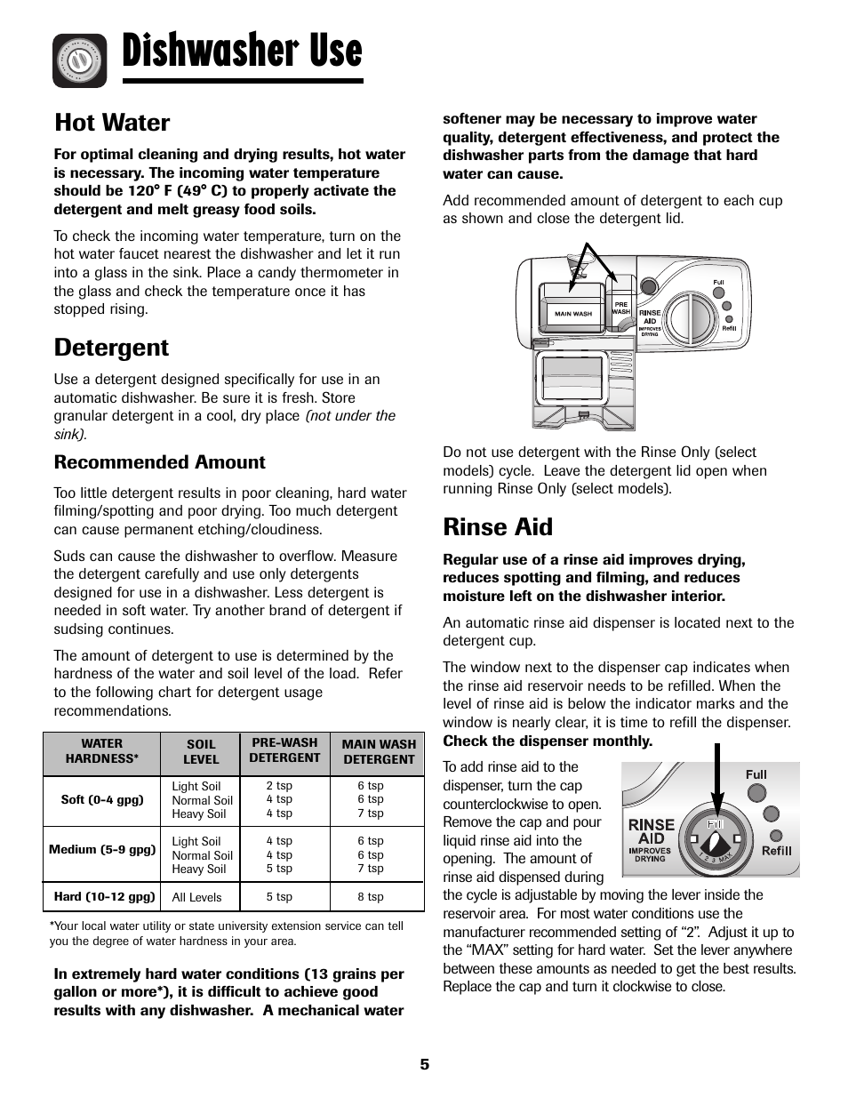 Dishwasher use, Hot water, Detergent | Rinse aid, Recommended amount | Maytag 6919559A User Manual | Page 6 / 36