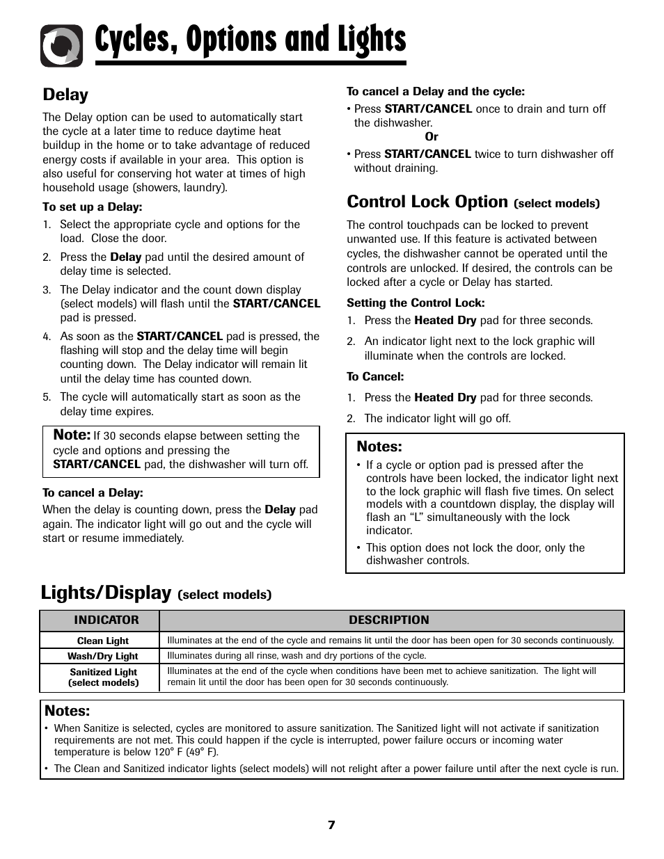 Cycles, options and lights, Lights/display, Delay | Control lock option | Maytag 6919559A User Manual | Page 8 / 36
