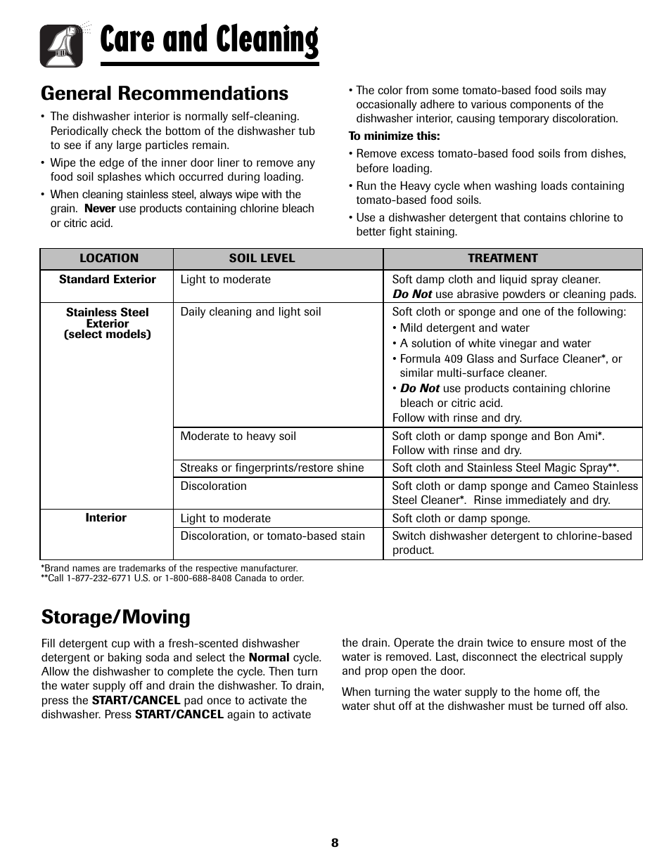 Care and cleaning, General recommendations, Storage/moving | Maytag 6919559A User Manual | Page 9 / 36