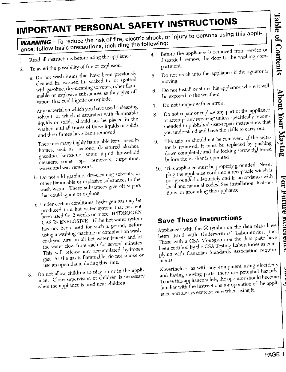 Save these instructions, Safety instructions | Maytag LAT8824 User Manual | Page 2 / 10