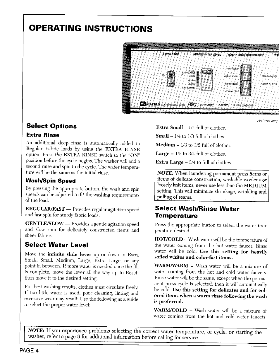 Operating instructions, Extra rinse, Wash/spin speed | Select options, Select wash/rinse water temperature, Select water level | Maytag LAT8824 User Manual | Page 5 / 10