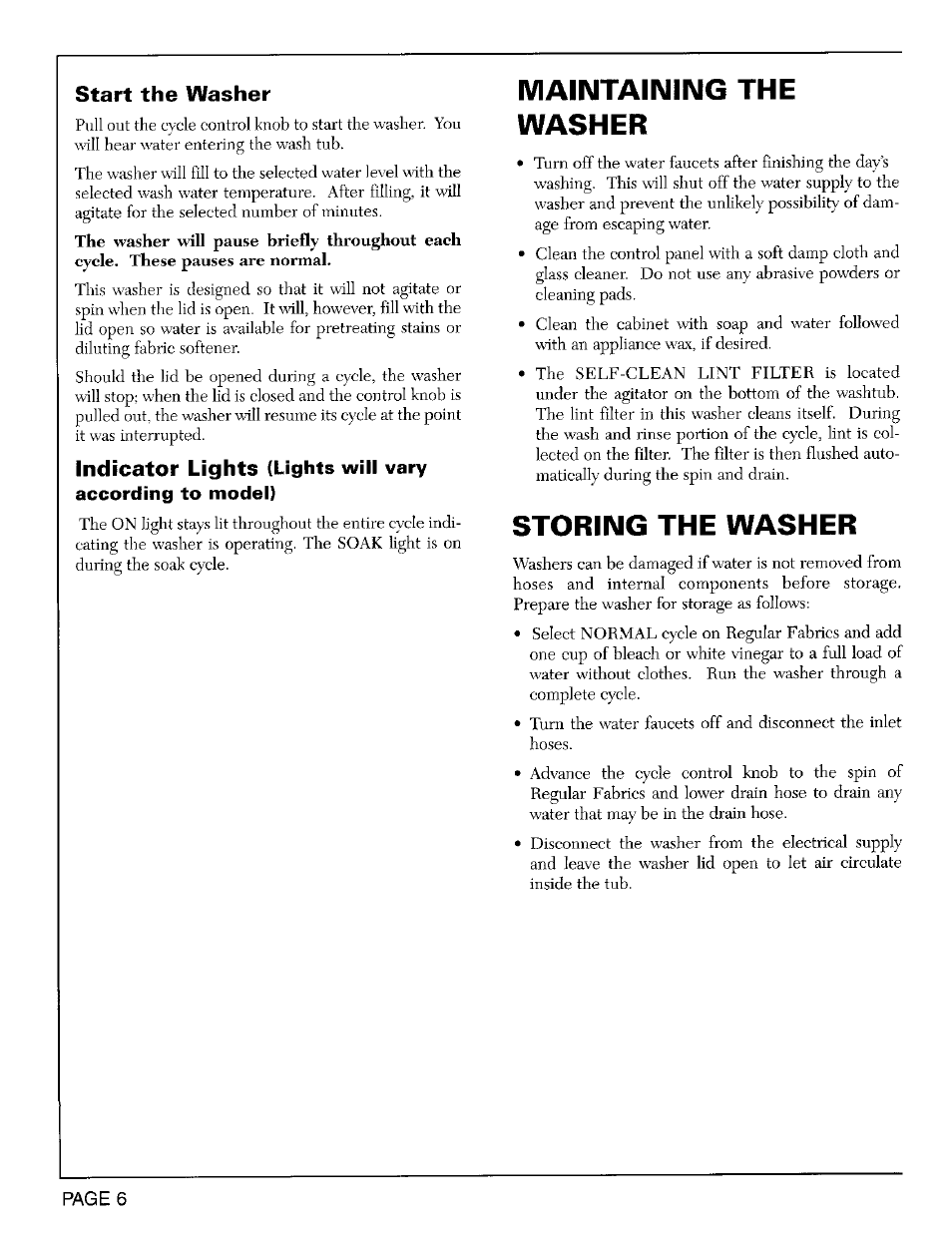 Maintaining the washer, Storing the washer, Start the washer | Indicator lights | Maytag LAT8824 User Manual | Page 7 / 10