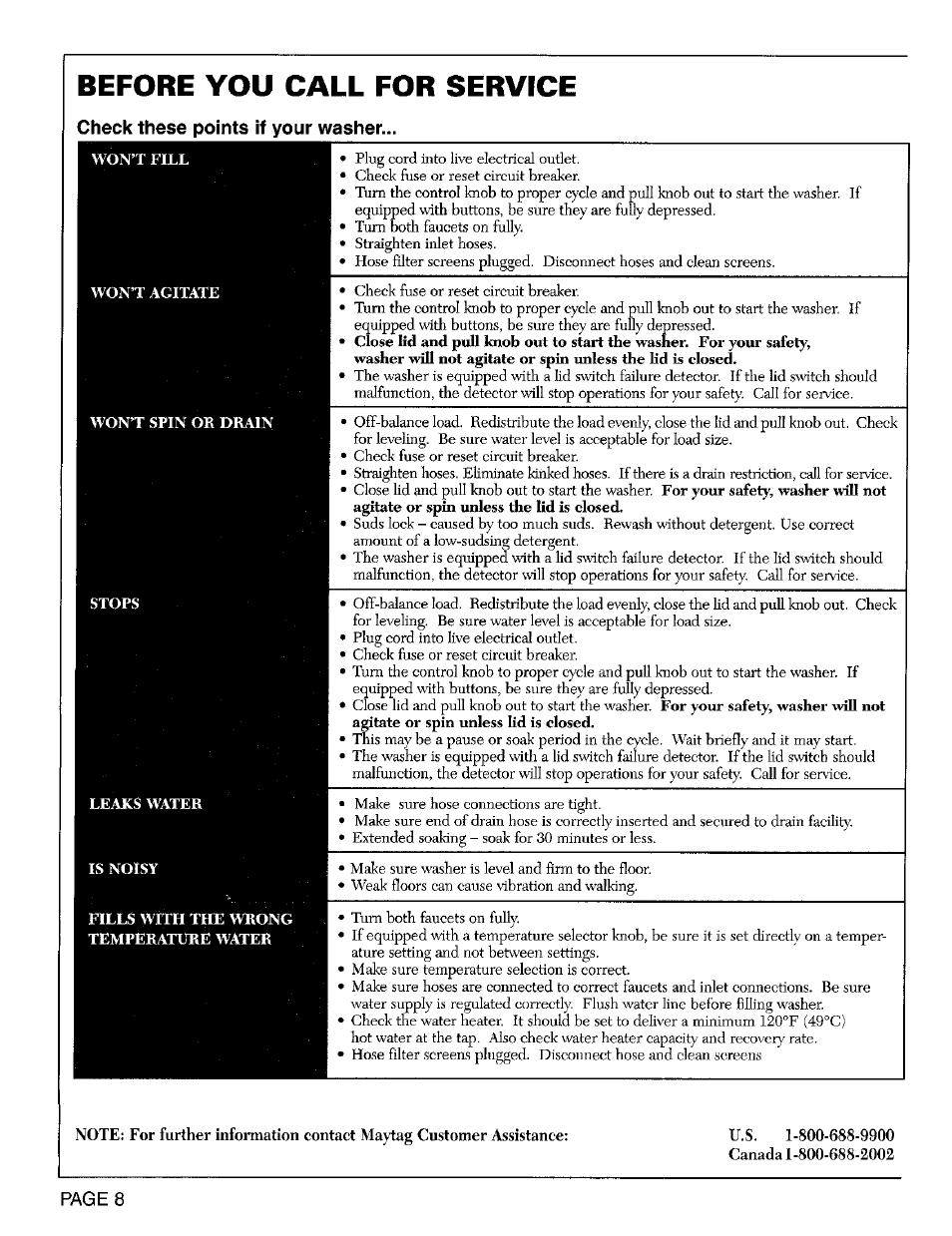 Before you call for service | Maytag LAT8824 User Manual | Page 9 / 10