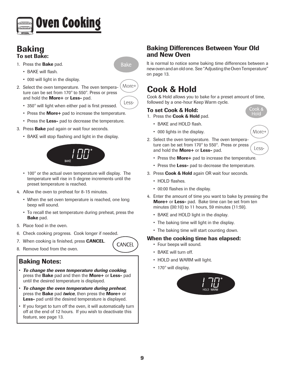 Oven cooking, Baking, Cook & hold | Baking differences between your old and new oven | Maytag MES5752BAW User Manual | Page 10 / 76