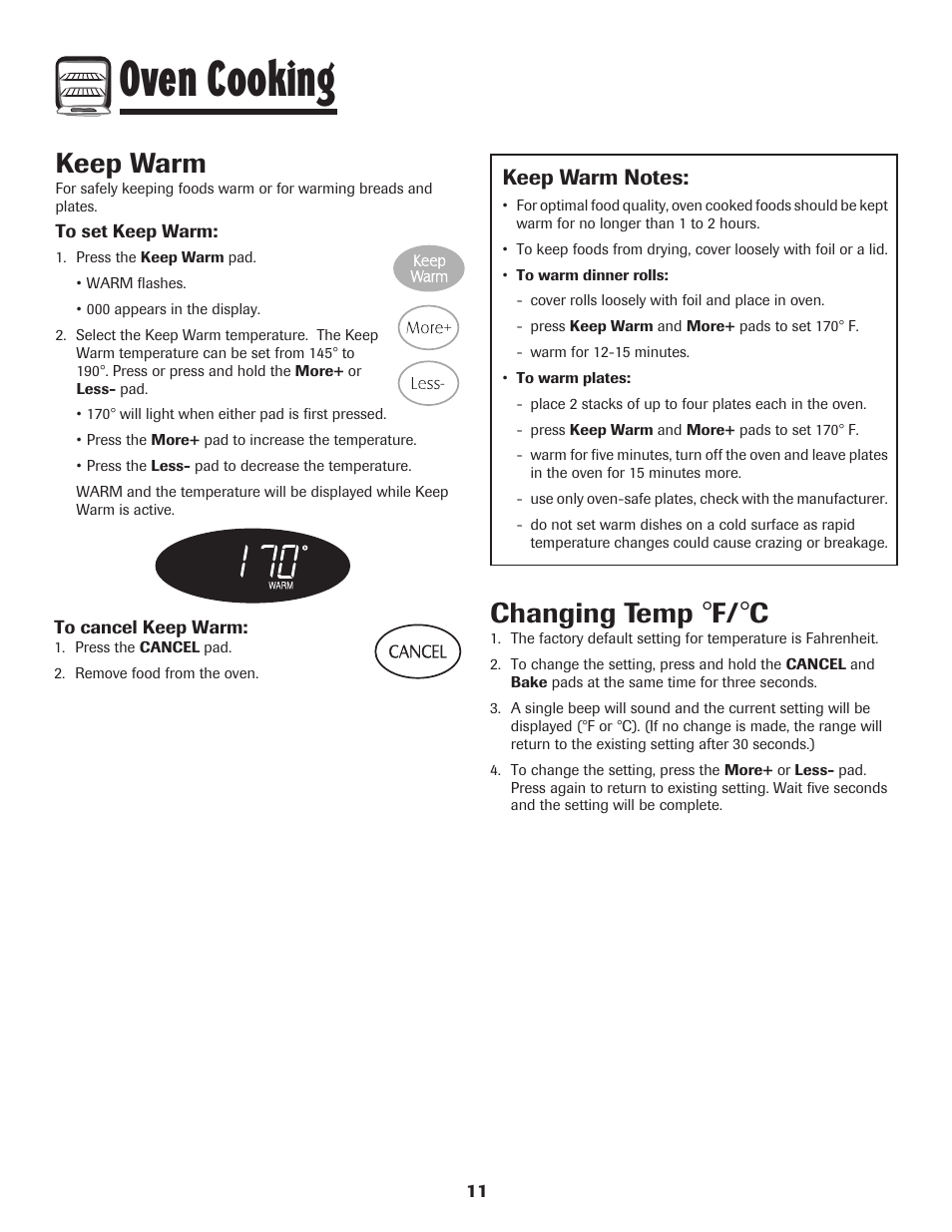 Oven cooking, Keep warm, Changing temp | Maytag MES5752BAW User Manual | Page 12 / 76