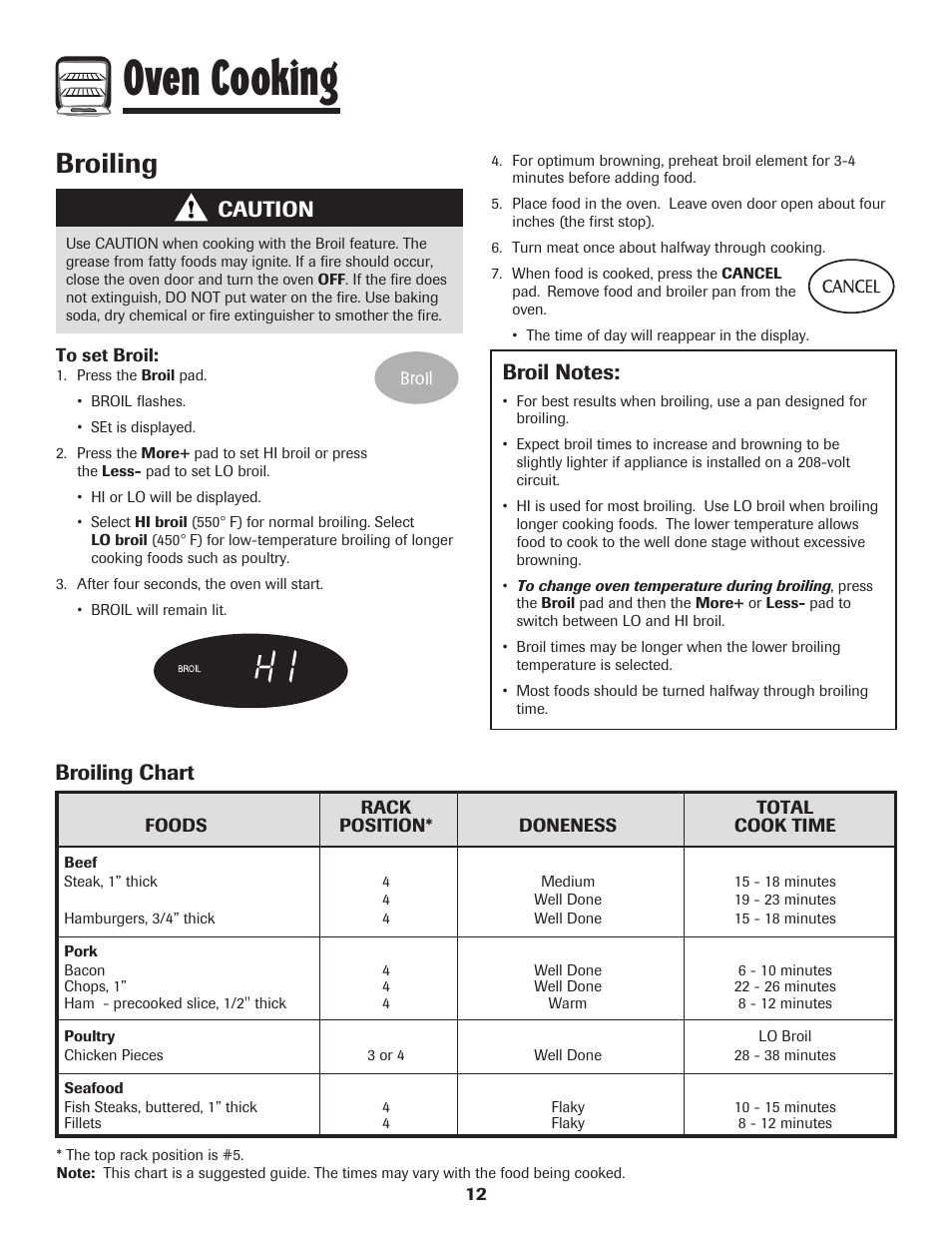 Oven cooking, Broiling, Broiling chart | Caution | Maytag MES5752BAW User Manual | Page 13 / 76