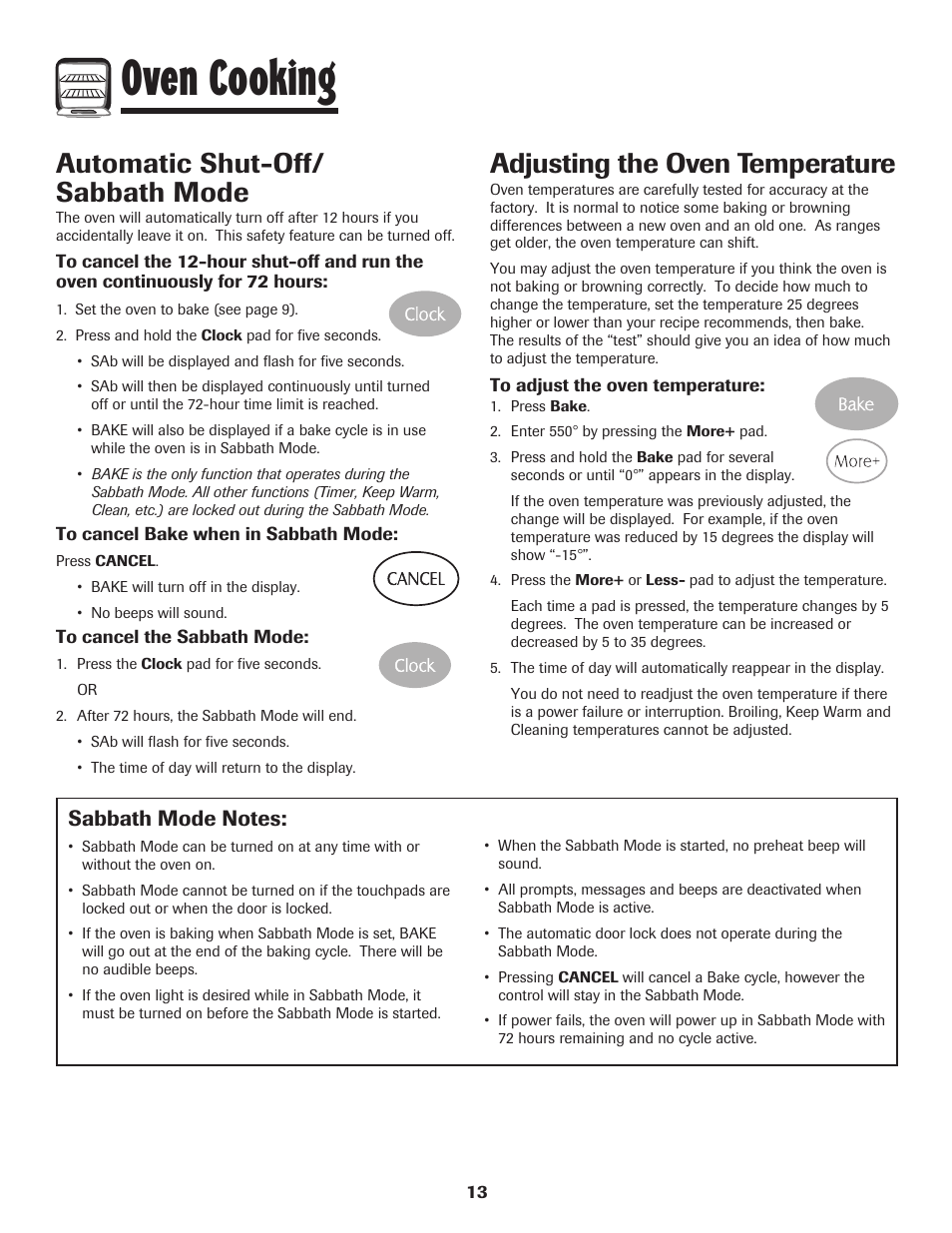 Oven cooking, Automatic shut-off/ sabbath mode, Adjusting the oven temperature | Maytag MES5752BAW User Manual | Page 14 / 76