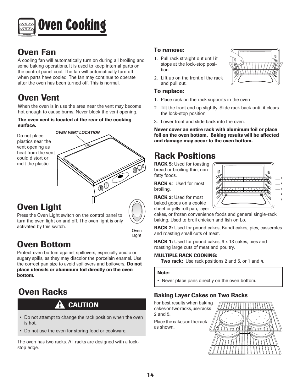 Oven cooking, Oven light, Oven bottom | Oven vent, Oven racks, Oven fan, Rack positions | Maytag MES5752BAW User Manual | Page 15 / 76