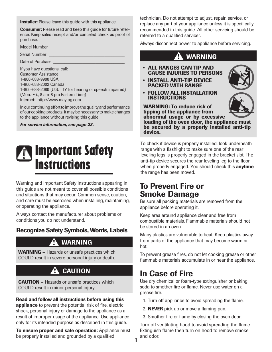 Important safety instructions | Maytag MES5752BAW User Manual | Page 2 / 76