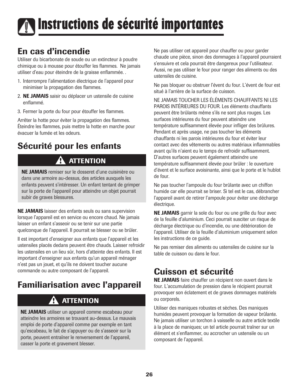 Instructions de sécurité importantes, En cas d’incendie, Sécurité pour les enfants | Cuisson et sécurité, Familiarisation avec l’appareil | Maytag MES5752BAW User Manual | Page 27 / 76