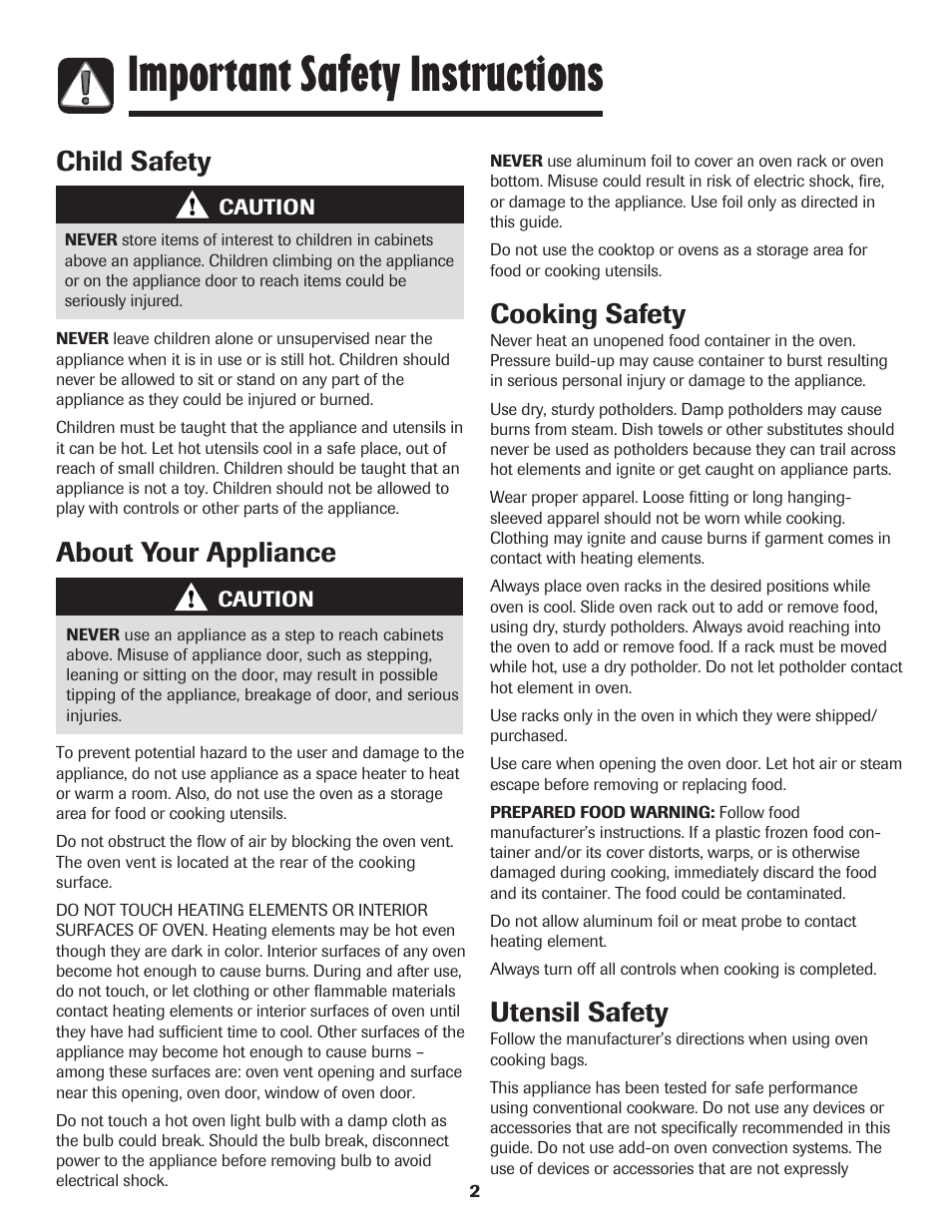 Important safety instructions, About your appliance, Cooking safety | Child safety utensil safety | Maytag MES5752BAW User Manual | Page 3 / 76