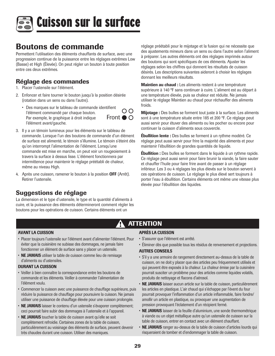 Cuisson sur la surface, Boutons de commande, Réglage des commandes | Suggestions de réglage, Attention, Front | Maytag MES5752BAW User Manual | Page 30 / 76