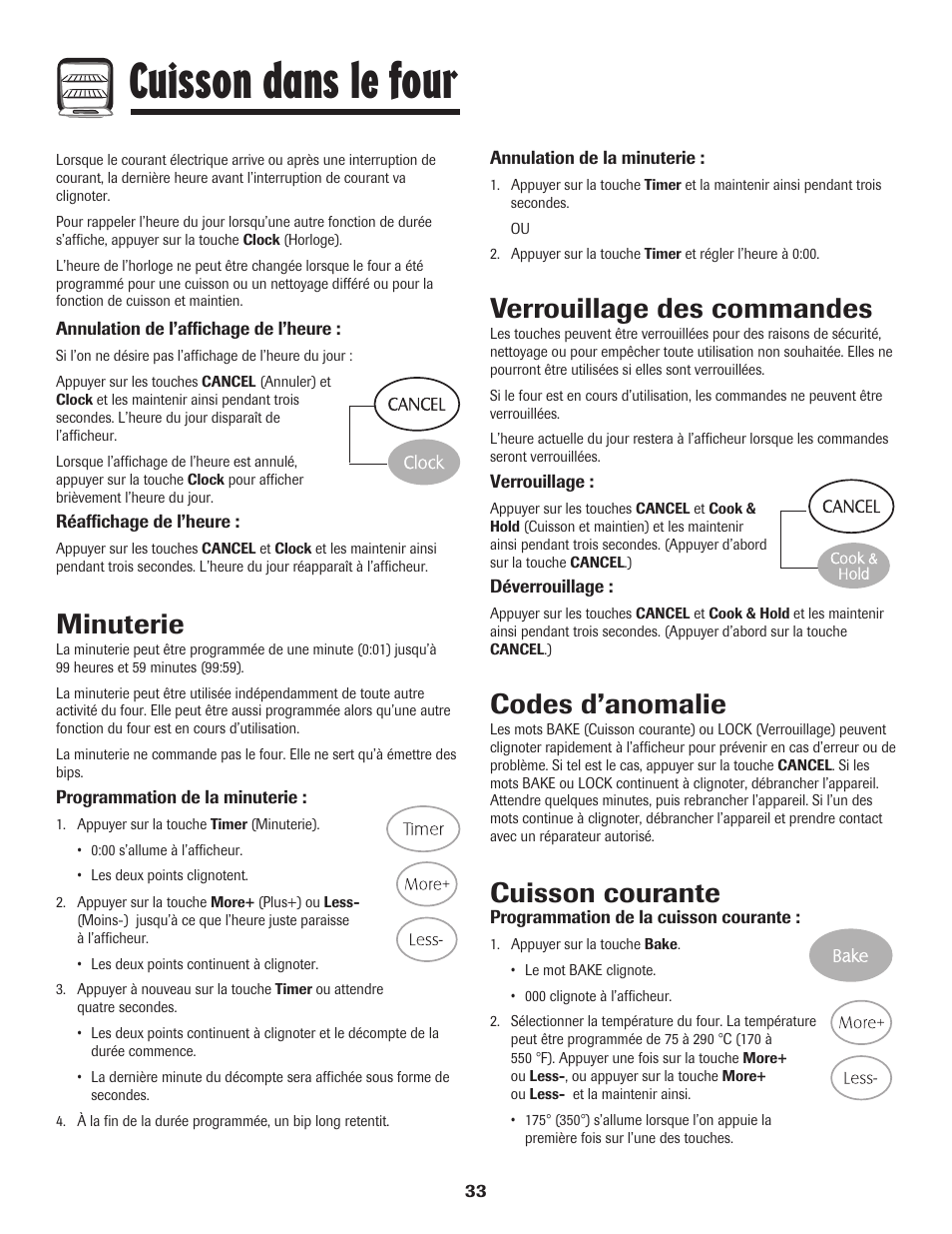 Cuisson dans le four, Minuterie, Verrouillage des commandes | Codes d’anomalie, Cuisson courante | Maytag MES5752BAW User Manual | Page 34 / 76