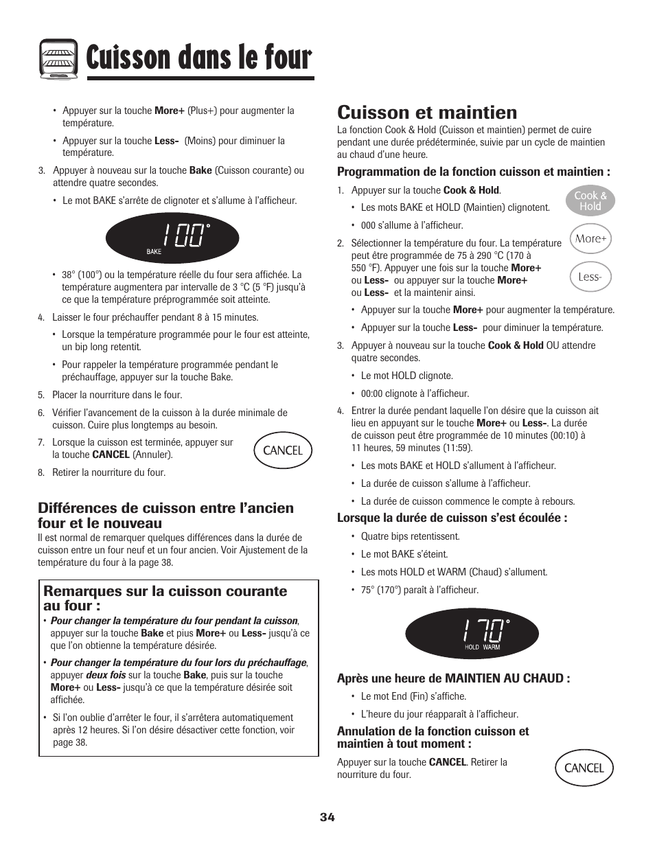 Cuisson dans le four, Cuisson et maintien, Remarques sur la cuisson courante au four | Maytag MES5752BAW User Manual | Page 35 / 76