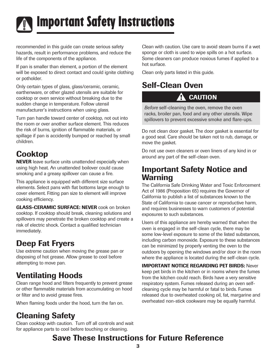 Important safety instructions, Self-clean oven, Important safety notice and warning | Cooktop, Deep fat fryers, Ventilating hoods, Cleaning safety, Save these instructions for future reference | Maytag MES5752BAW User Manual | Page 4 / 76