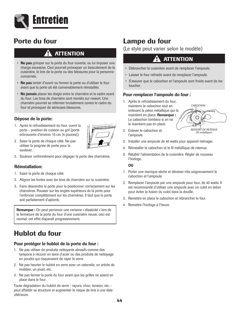 Entretien, Hublot du four, Lampe du four | Porte du four, Le style peut varier selon le modèle) attention, Attention | Maytag MES5752BAW User Manual | Page 45 / 76