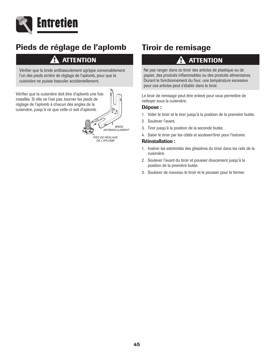 Entretien, Tiroir de remisage, Pieds de réglage de l’aplomb | Attention | Maytag MES5752BAW User Manual | Page 46 / 76