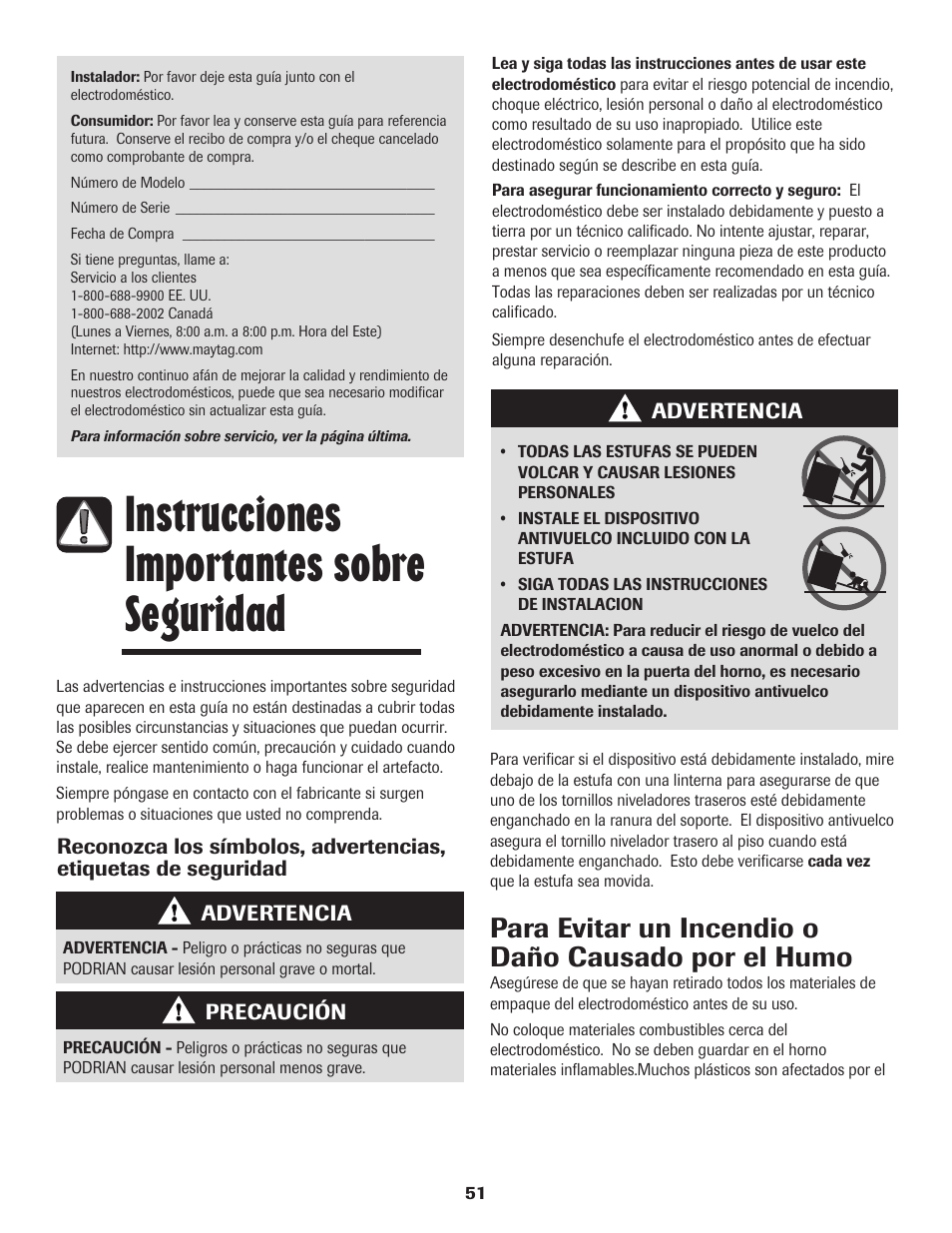 Instrucciones importantes sobre seguridad, Para evitar un incendio o daño causado por el humo | Maytag MES5752BAW User Manual | Page 52 / 76