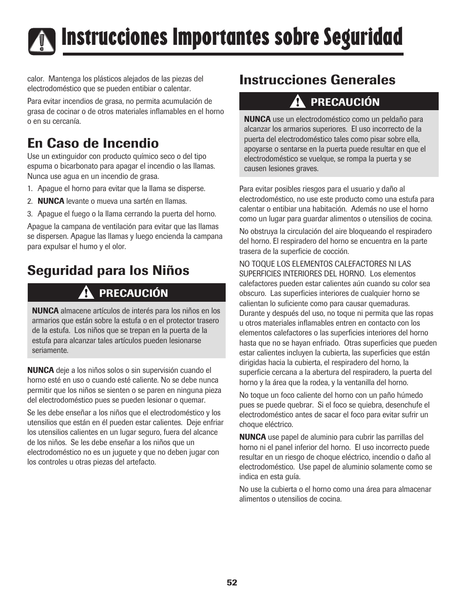 Instrucciones importantes sobre seguridad, En caso de incendio, Seguridad para los niños instrucciones generales | Maytag MES5752BAW User Manual | Page 53 / 76