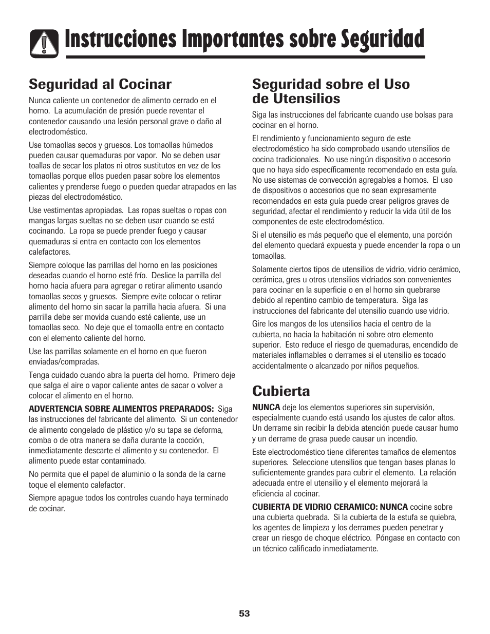 Instrucciones importantes sobre seguridad, Seguridad al cocinar, Seguridad sobre el uso de utensilios | Cubierta | Maytag MES5752BAW User Manual | Page 54 / 76