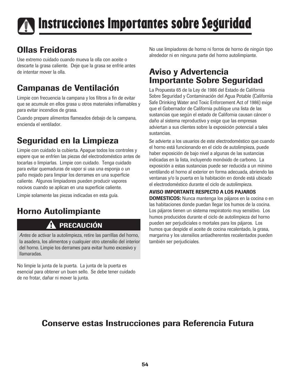 Instrucciones importantes sobre seguridad, Ollas freidoras, Campanas de ventilación | Seguridad en la limpieza, Horno autolimpiante, Aviso y advertencia importante sobre seguridad | Maytag MES5752BAW User Manual | Page 55 / 76