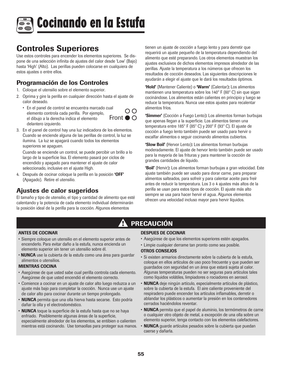 Cocinando en la estufa, Controles superiores, Programación de los controles | Ajustes de calor sugeridos, Precaución, Front | Maytag MES5752BAW User Manual | Page 56 / 76
