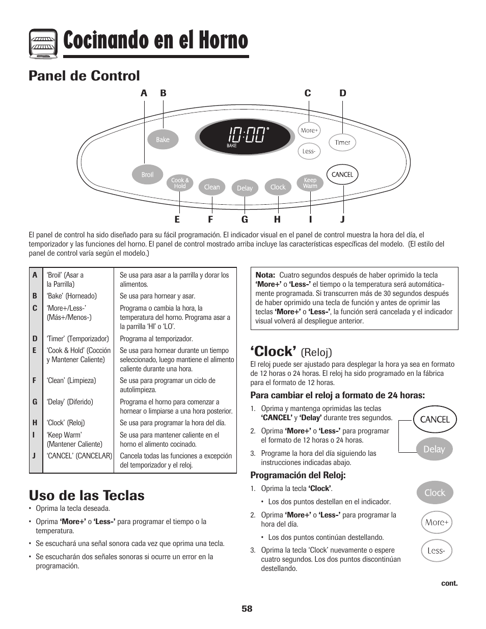Cocinando en el horno, Panel de control, Clock | Uso de las teclas, Reloj) | Maytag MES5752BAW User Manual | Page 59 / 76