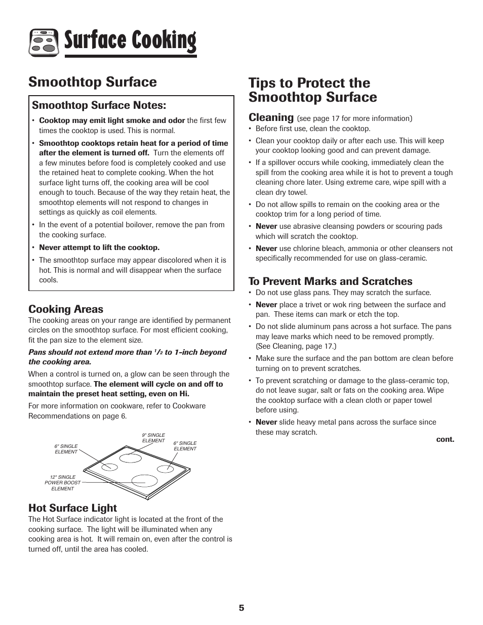 Surface cooking, Smoothtop surface, Tips to protect the smoothtop surface | Cooking areas, Hot surface light, Cleaning | Maytag MES5752BAW User Manual | Page 6 / 76