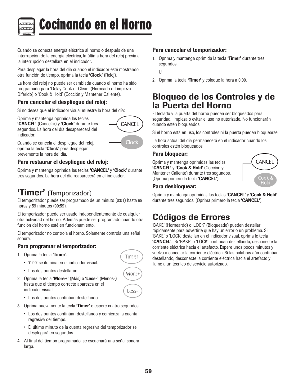 Cocinando en el horno, Timer, Bloqueo de los controles y de la puerta del horno | Códigos de errores, Temporizador) | Maytag MES5752BAW User Manual | Page 60 / 76