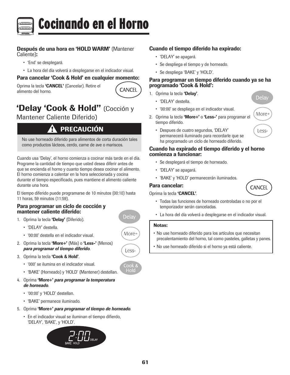 Cocinando en el horno, Delay ‘cook & hold, Cocción y mantener caliente diferido) | Precaución | Maytag MES5752BAW User Manual | Page 62 / 76