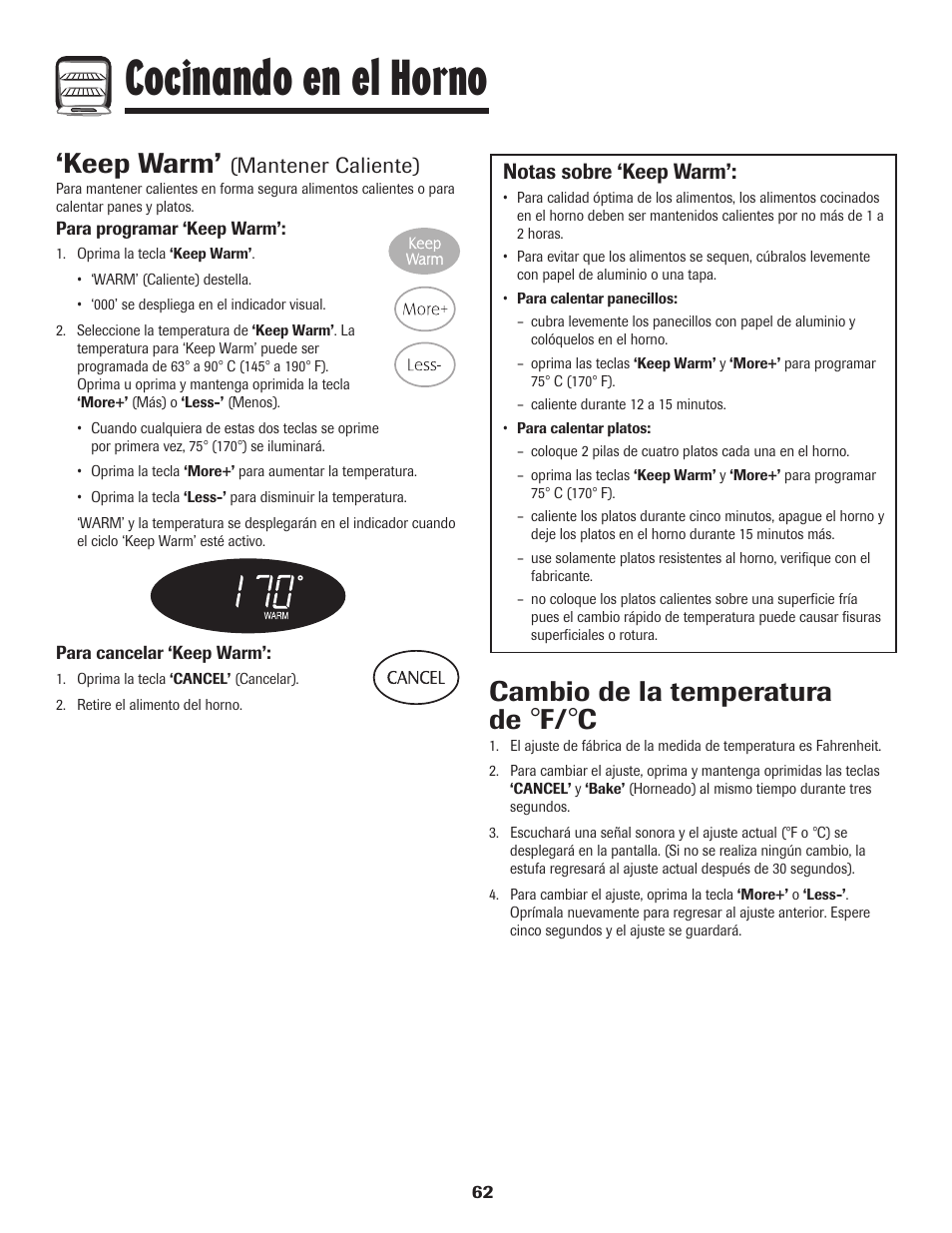 Cocinando en el horno, Keep warm, Cambio de la temperatura de | Maytag MES5752BAW User Manual | Page 63 / 76