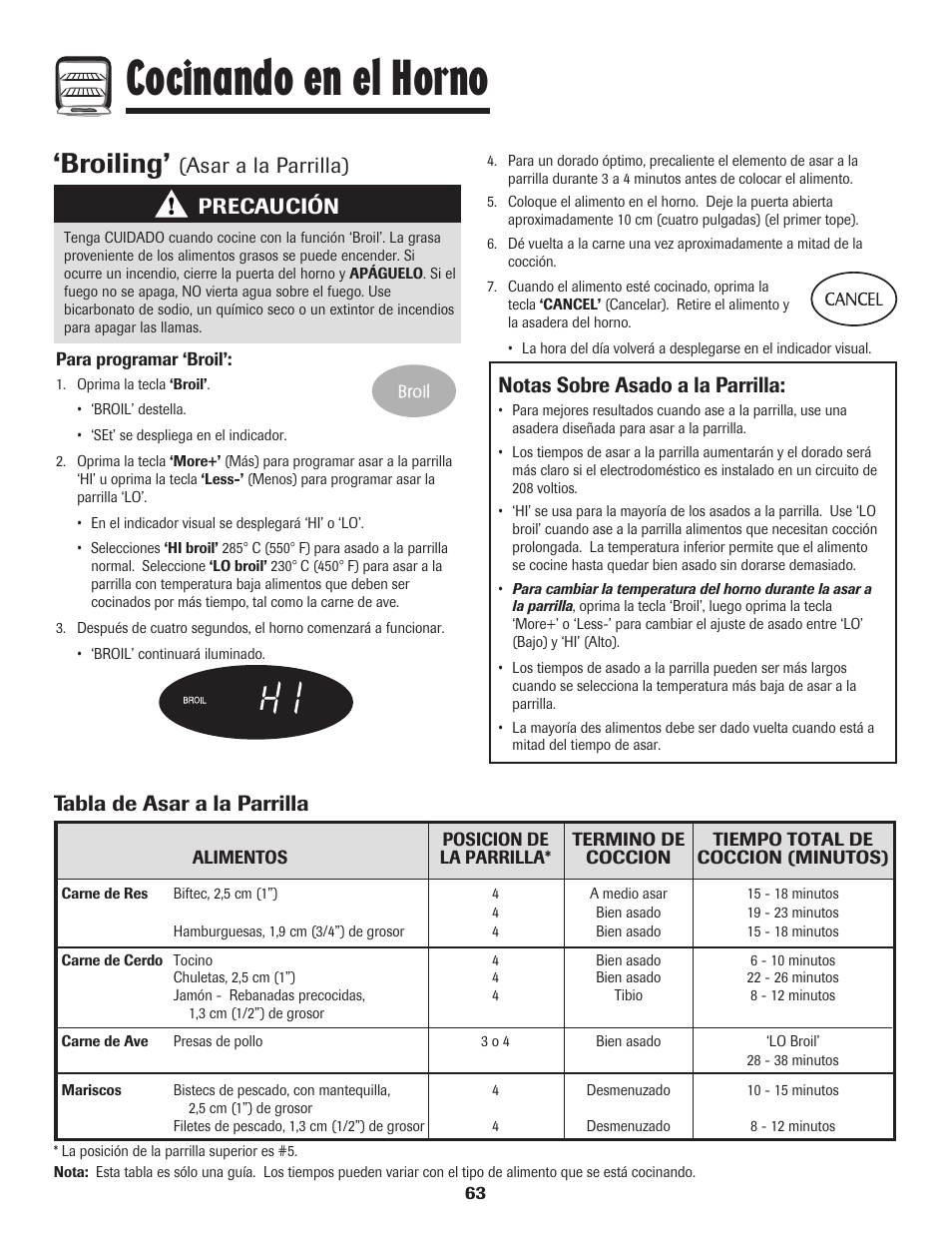 Cocinando en el horno, Broiling, Tabla de asar a la parrilla | Precaución | Maytag MES5752BAW User Manual | Page 64 / 76