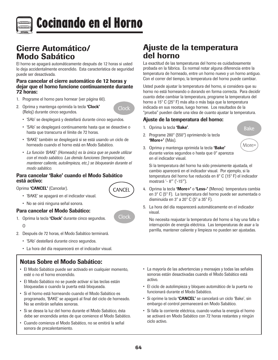 Cocinando en el horno, Cierre automático/ modo sabático, Ajuste de la temperatura del horno | Notas sobre el modo sabático | Maytag MES5752BAW User Manual | Page 65 / 76