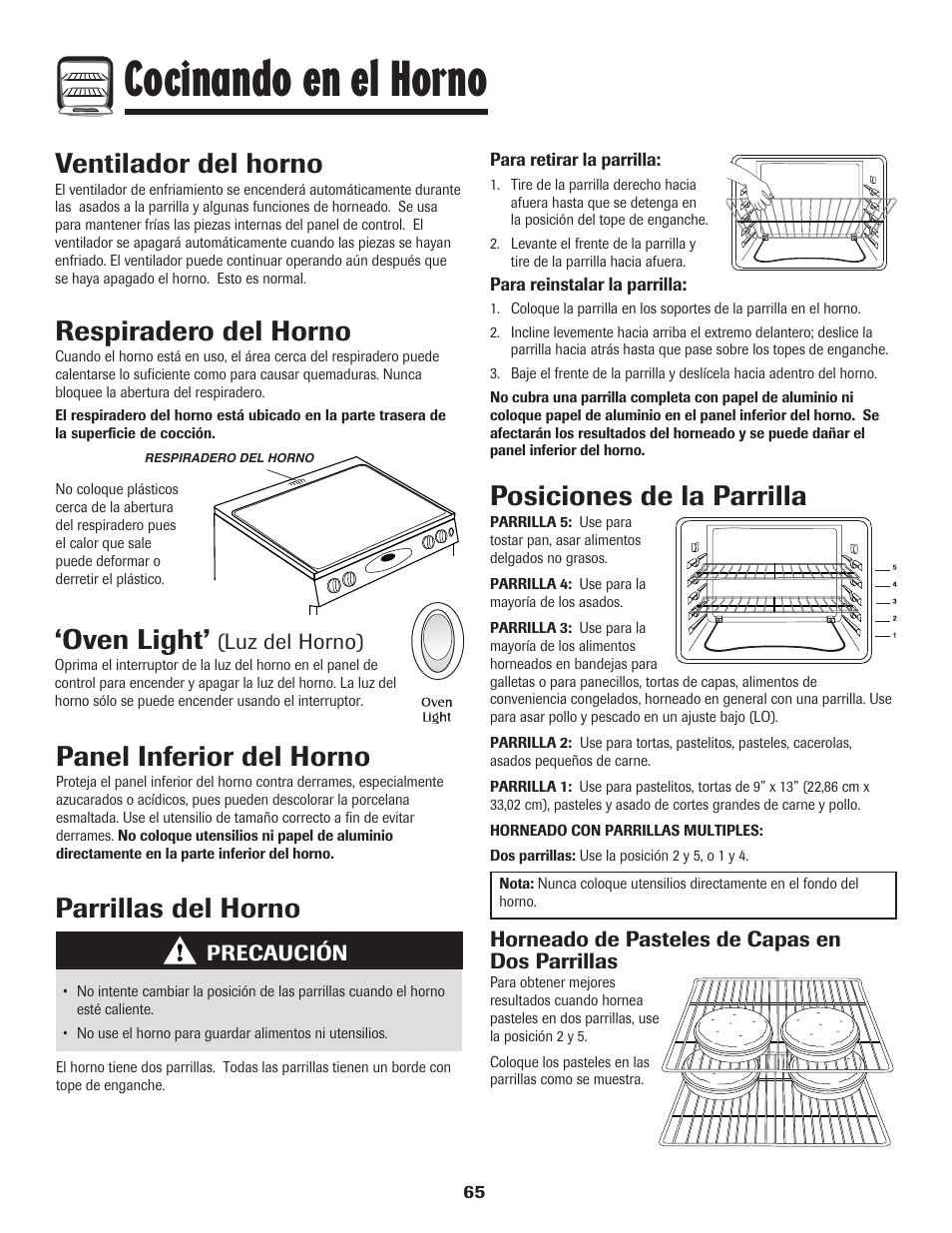 Cocinando en el horno, Panel inferior del horno, Parrillas del horno | Oven light, Ventilador del horno, Respiradero del horno, Posiciones de la parrilla | Maytag MES5752BAW User Manual | Page 66 / 76