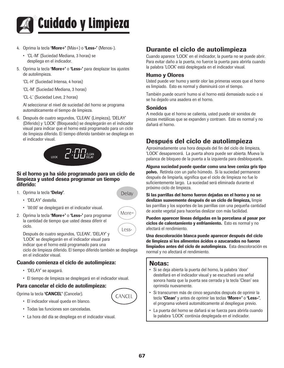 Cuidado y limpieza, Notas, Durante el ciclo de autolimpieza | Después del ciclo de autolimpieza | Maytag MES5752BAW User Manual | Page 68 / 76