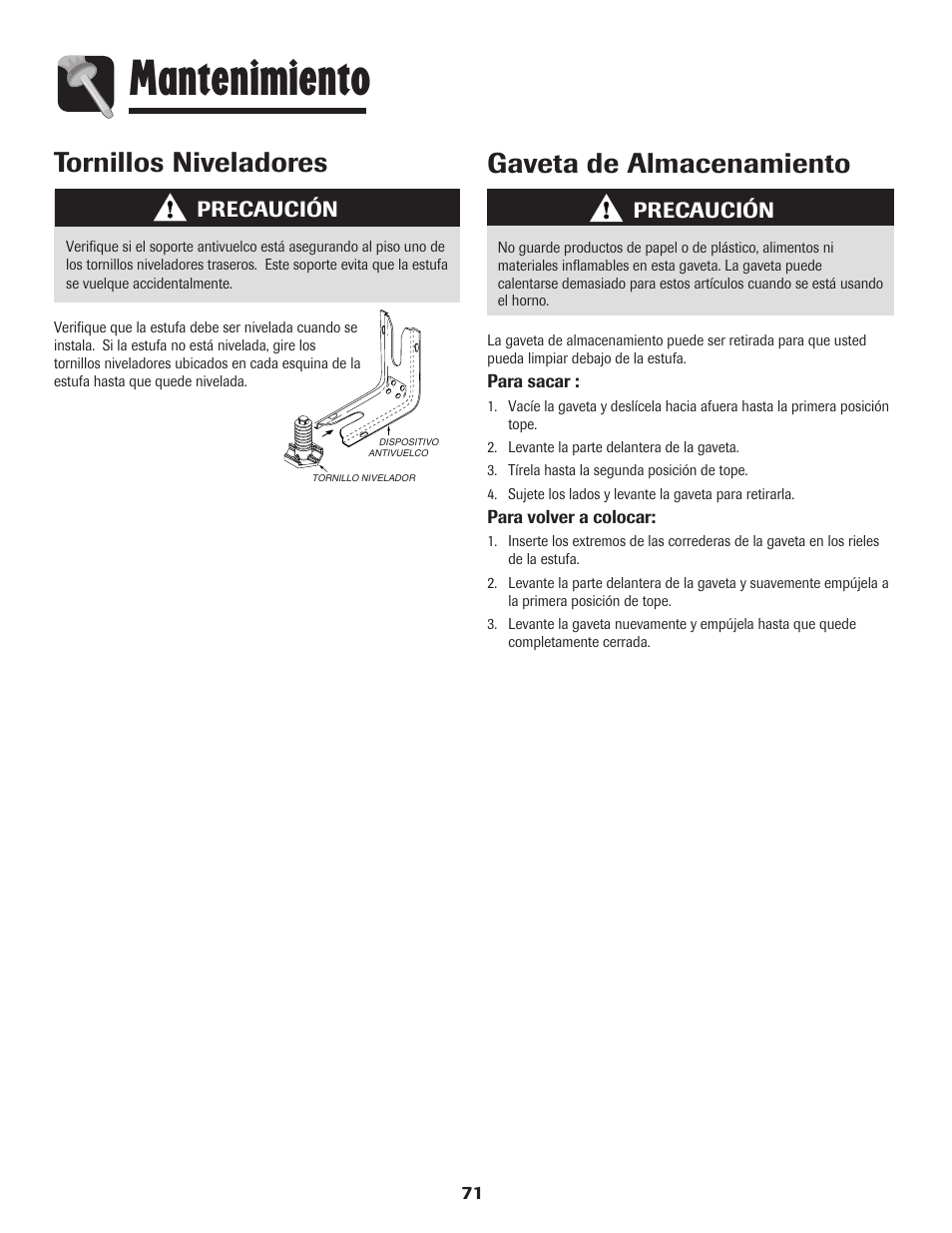 Mantenimiento, Tornillos niveladores, Gaveta de almacenamiento | Precaución | Maytag MES5752BAW User Manual | Page 72 / 76