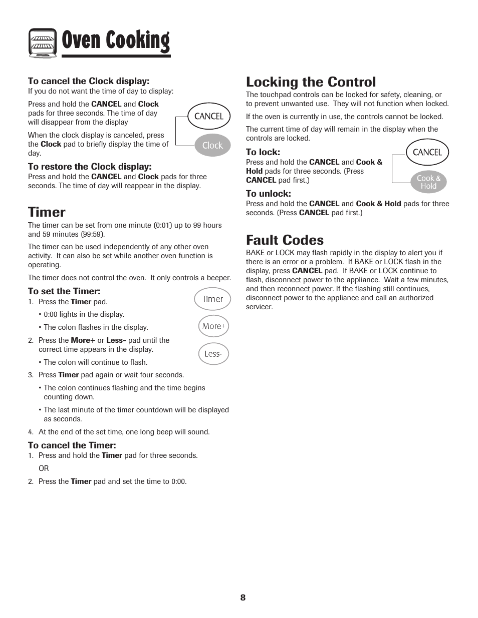 Oven cooking, Timer, Locking the control | Fault codes | Maytag MES5752BAW User Manual | Page 9 / 76