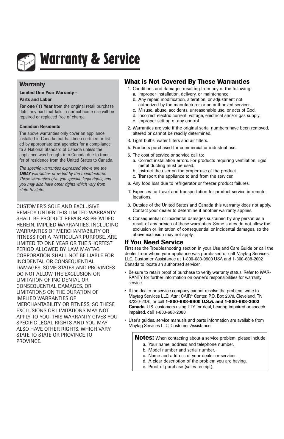 Warranty & service, Warranty, What is not covered by these warranties | If you need service | Maytag MQC2257BEW User Manual | Page 16 / 48