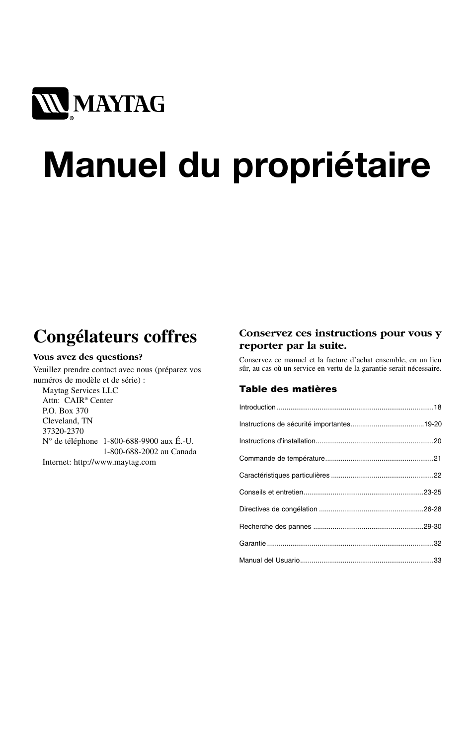 Manuel du propriétaire, Congélateurs coffres | Maytag MQC2257BEW User Manual | Page 17 / 48