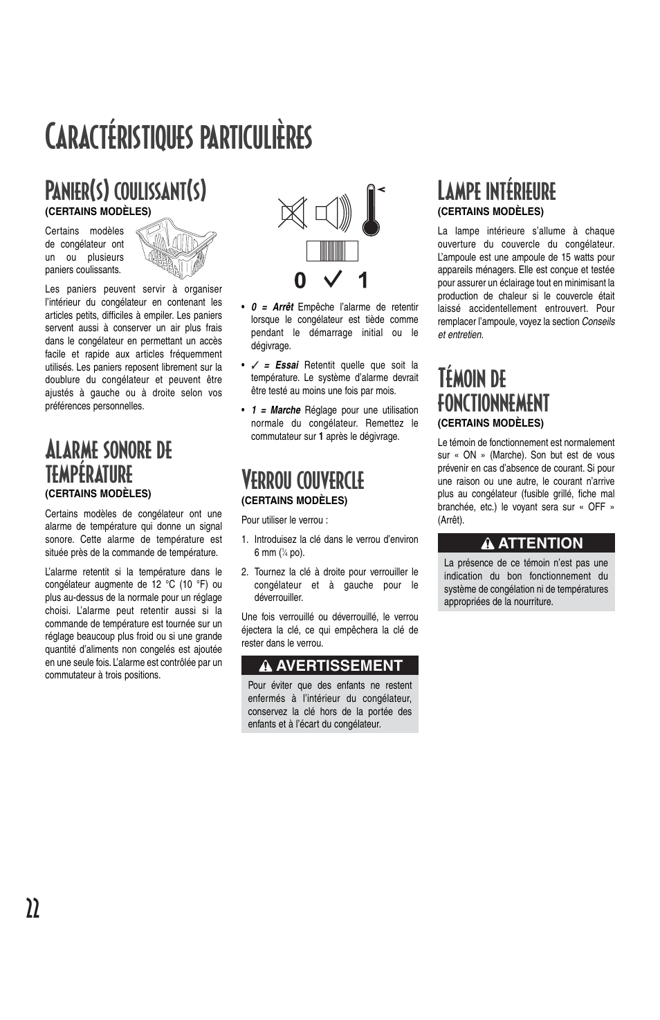 Caractéristiques particulières, Panier(s) coulissant(s), Alarme sonore de température | Lampe intérieure, Témoin de fonctionnement, Verrou couvercle | Maytag MQC2257BEW User Manual | Page 22 / 48