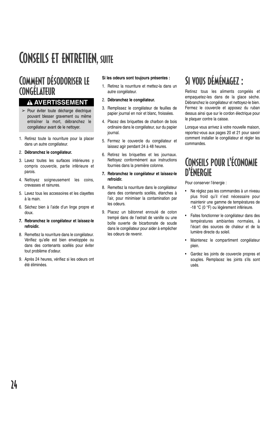 Conseils et entretien, Suite comment désodoriser le congélateur, Si vous déménagez | Conseils pour l'économie d'énergie | Maytag MQC2257BEW User Manual | Page 24 / 48