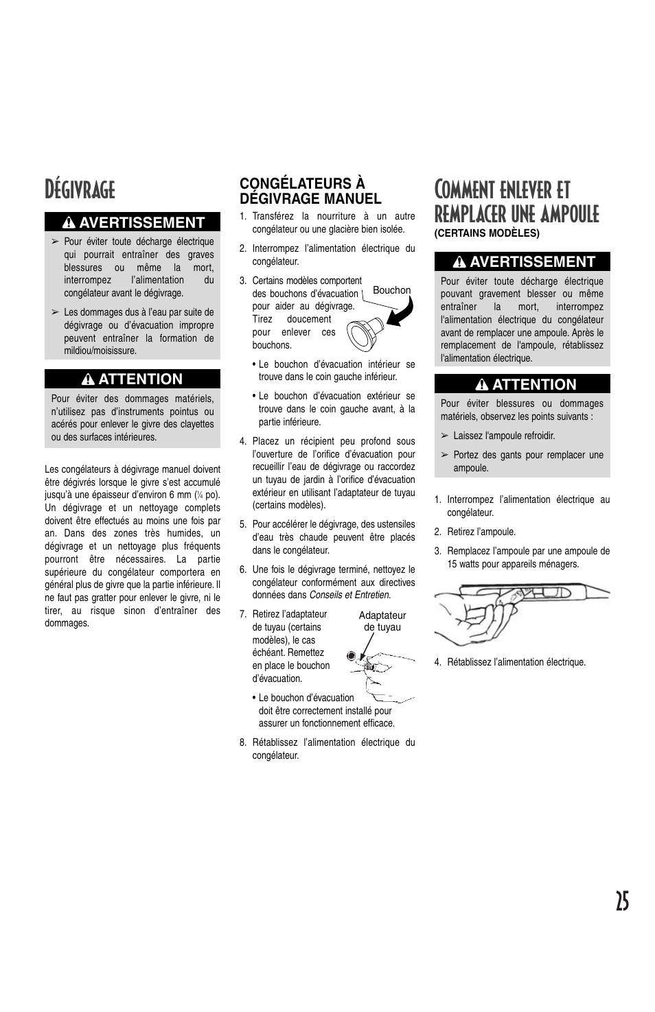 Comment enlever et remplacer une ampoule, Dégivrage, Attention | Avertissement, Congélateurs à dégivrage manuel | Maytag MQC2257BEW User Manual | Page 25 / 48