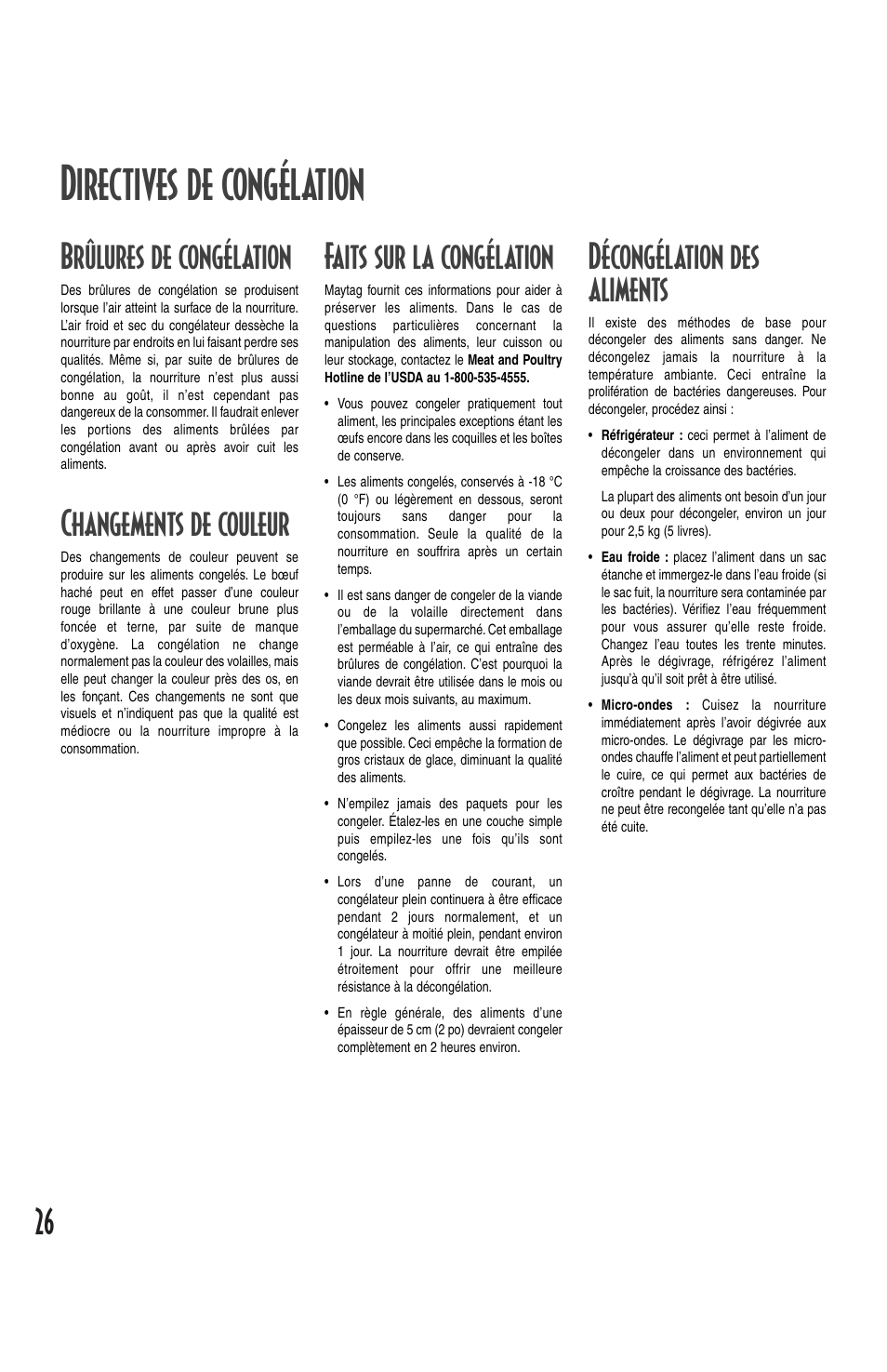 Directives de congélation, Brûlures de congélation, Changements de couleur | Faits sur la congélation, Décongélation des aliments | Maytag MQC2257BEW User Manual | Page 26 / 48