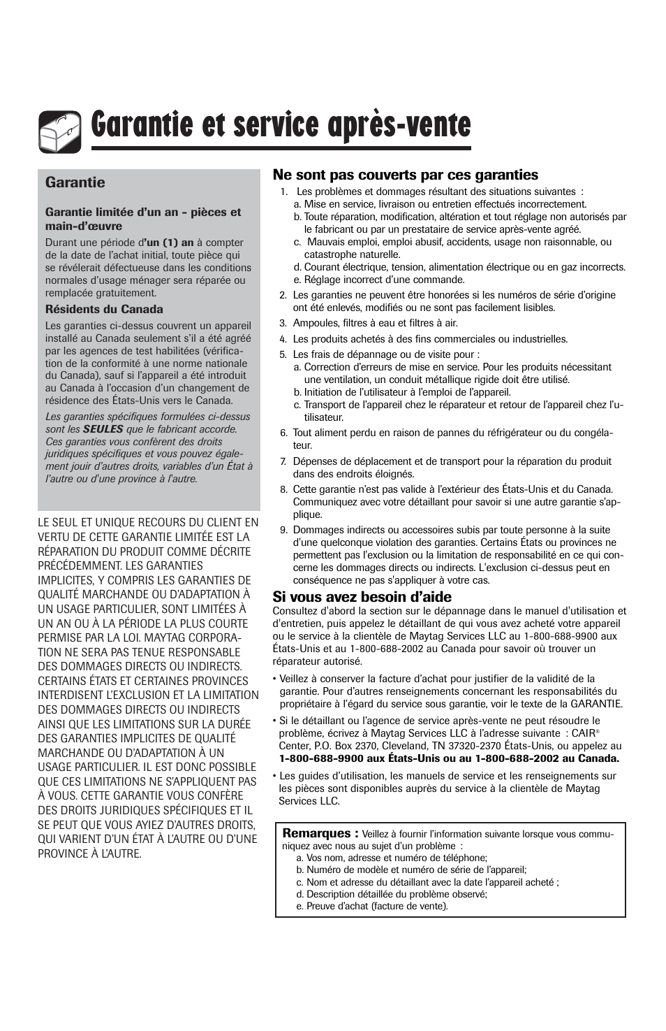 Garantie et service après-vente, Garantie, Ne sont pas couverts par ces garanties | Si vous avez besoin d’aide | Maytag MQC2257BEW User Manual | Page 32 / 48